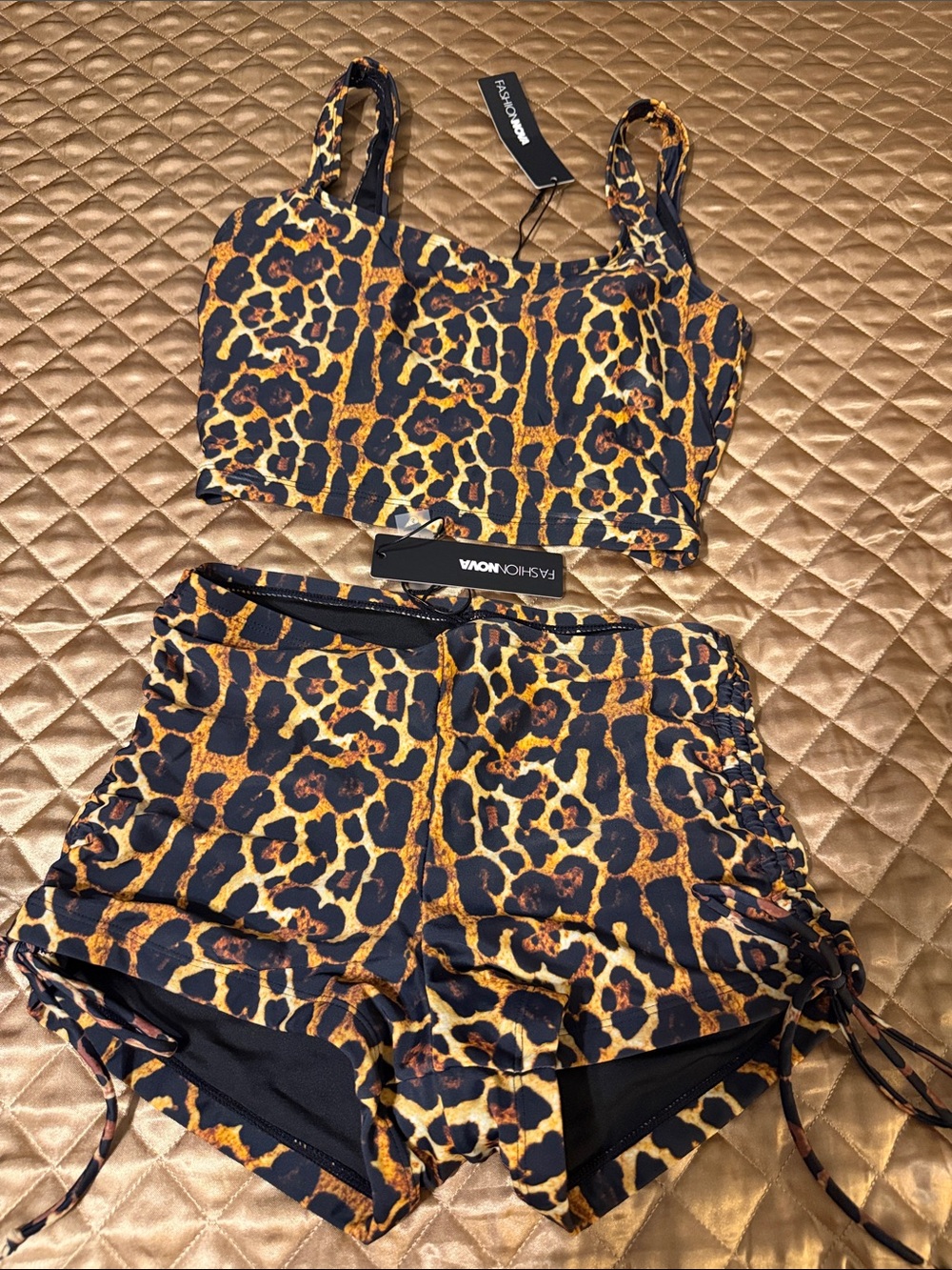 Fashion Nova Leopard-Print High Waist Shorts & Crop Top - Black, Brown, Gold